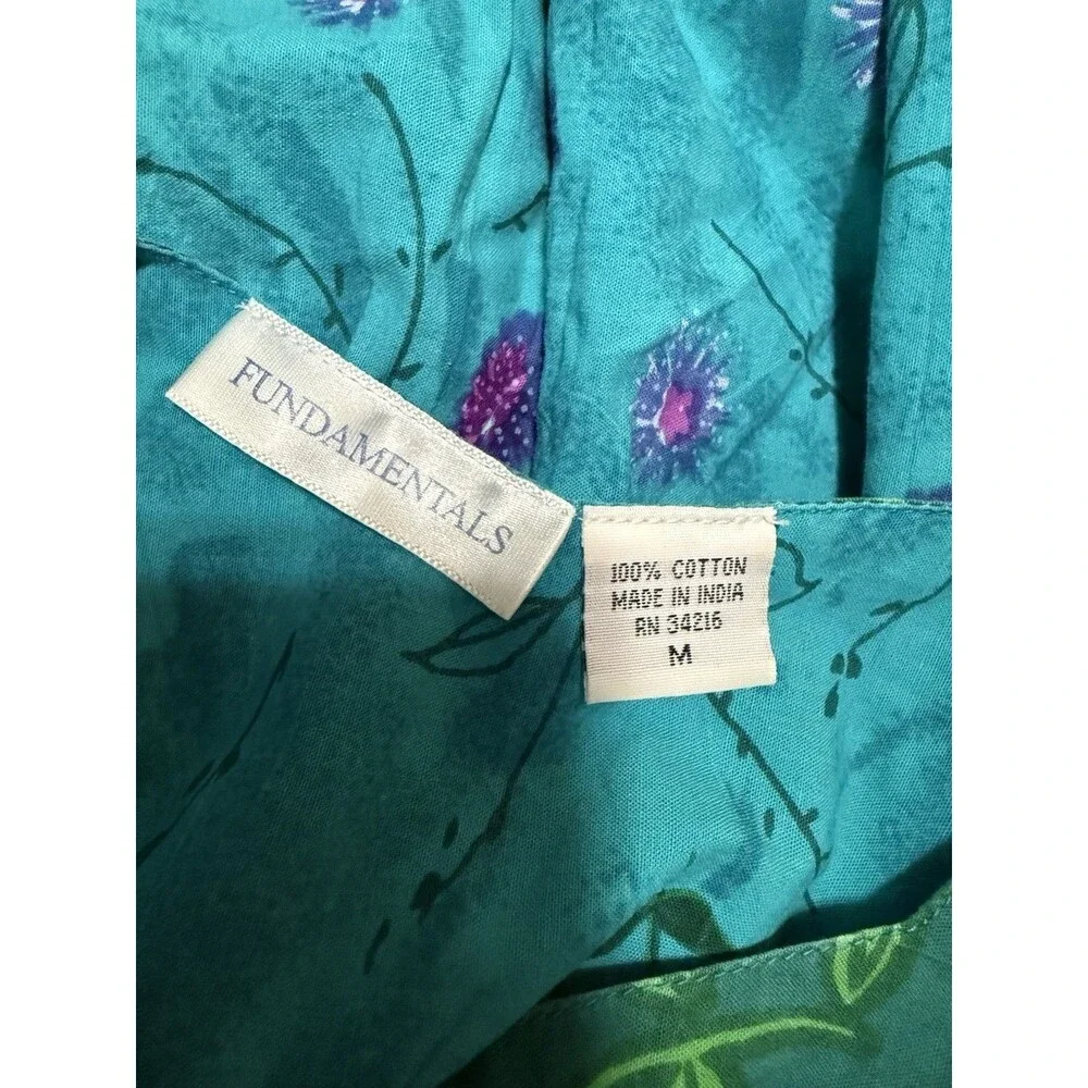 Fundamentals Cotton Floral Dress Teal Puff Sleeve Cottagecore Medium - Picture 3 of 4